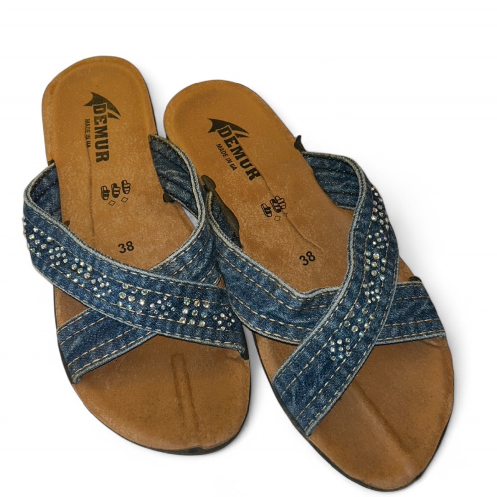 5/$25 Emu Denim Crisscross Slide Sandals with Rhinestone Accents - Blue